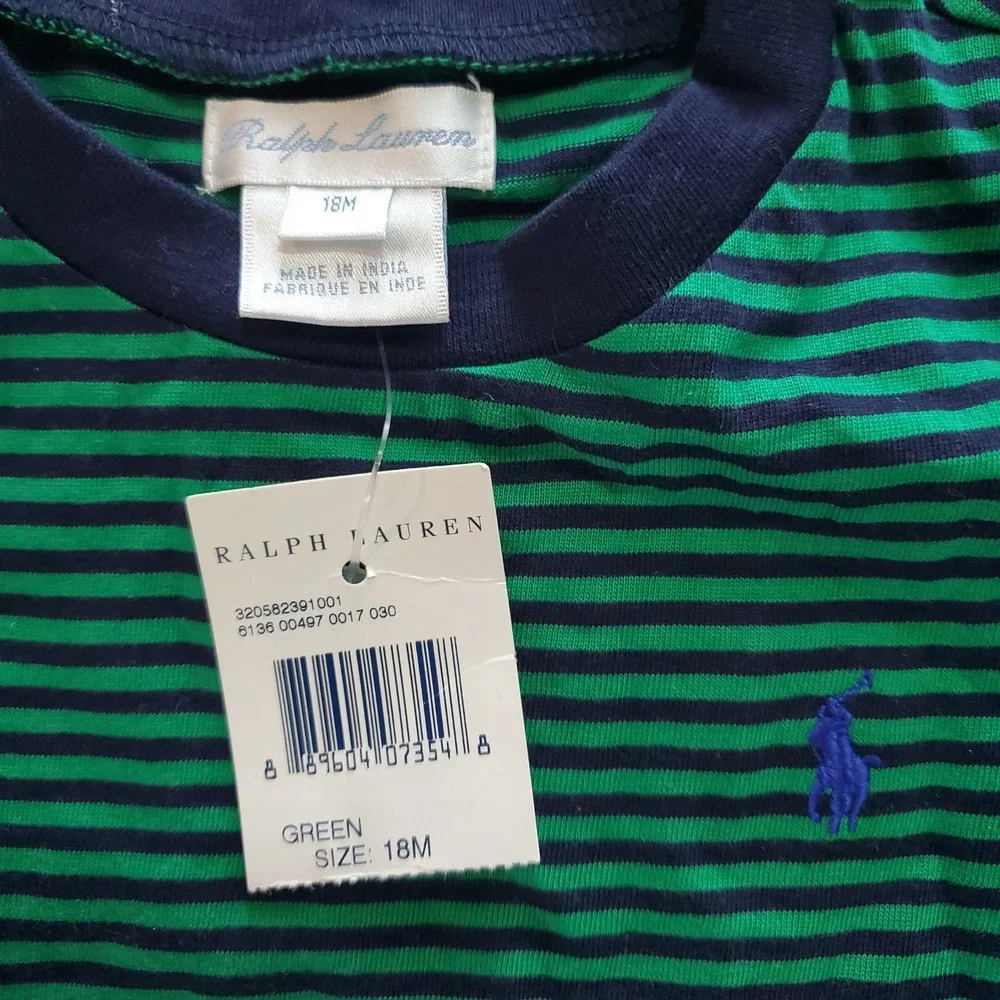Ralph Lauren Toddler Boys Green Navy Striped Long Sleeve T-Shirt 18M NWT